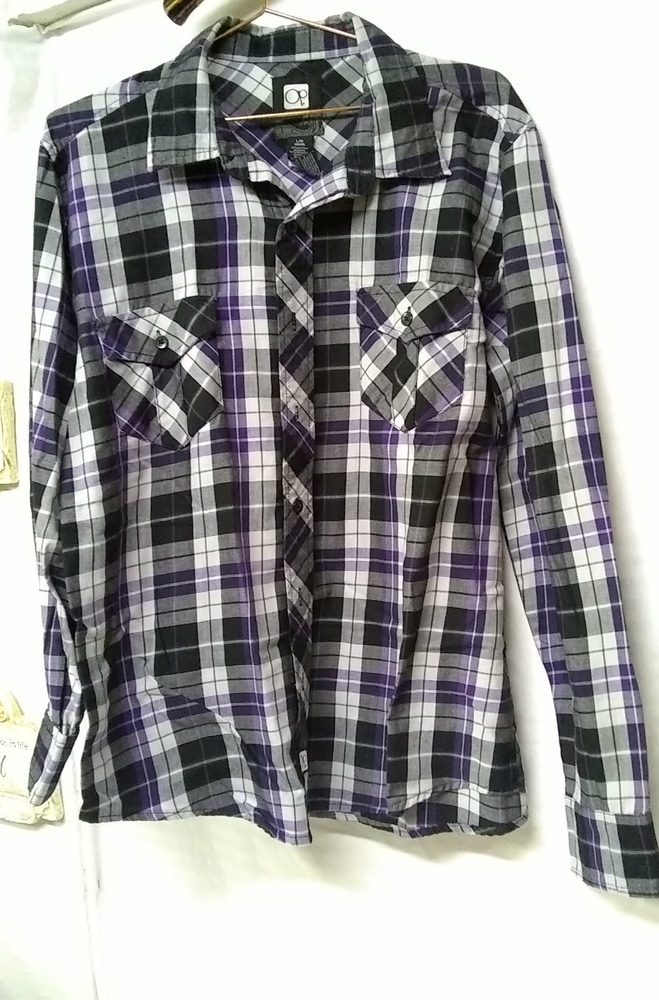 OP  Mens Shirt Purple Black  Button Up Western Plaid Pocket Sz L/44